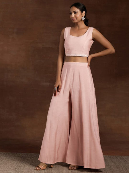 Women Indo Western Embroidered Crop Top with Palazzos & Long Shrug Ethnic Co-Ords Set VitansEthnics