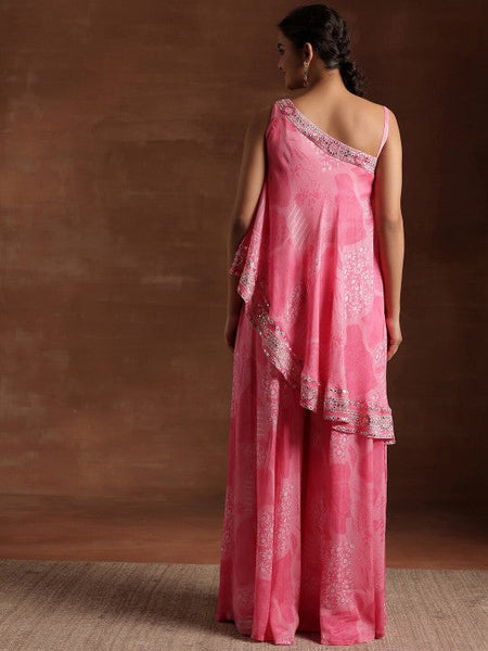 Women Indo Western Floral Printed One Shoulder Sleeveless Tunic & Palazzo With Slip Co-Ords Set VitansEthnics