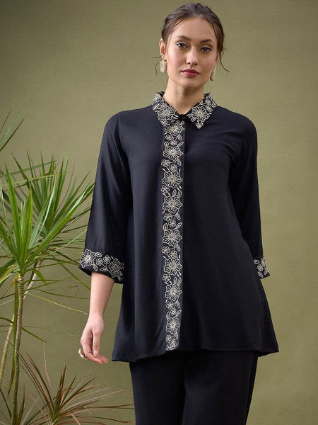 Women Black Embroidered Shirt With Palazzos Co-ords Set VitansEthnics