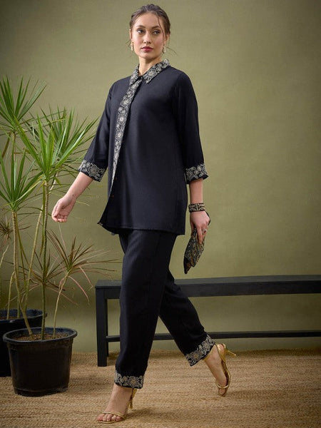 Women Black Embroidered Shirt With Palazzos Co-ords Set VitansEthnics