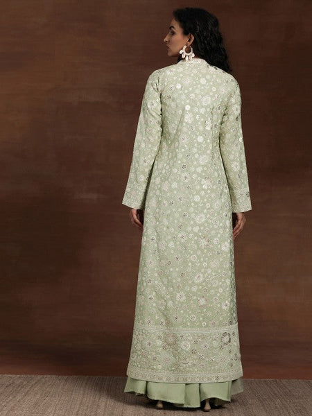 Women Indo Western Embroidered Crop Top with Palazzos & Long Shrug Co-Ords Set VitansEthnics