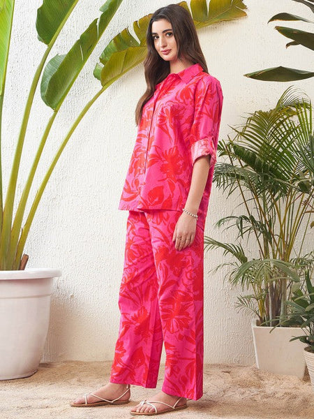 Women Magenta Floral Printed Pure Cotton Shirt With Trousers Co-ords Set VitansEthnics