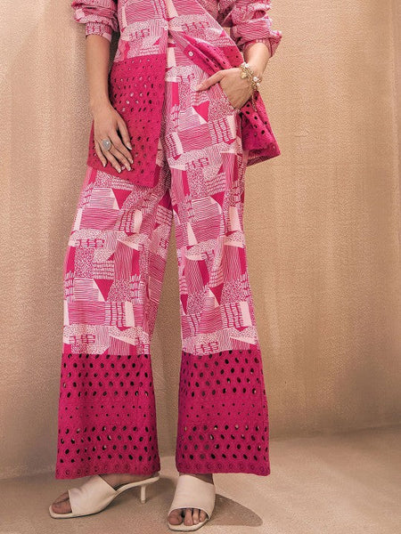 Women Abstract Printed Pure Cotton Schiffli Shirt With Trouser Co-ords Set VitansEthnics
