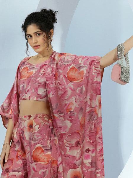 Women Indo Western Floral Printed Crop Top With Shrug & Palazzo Ethnic Co-Ords Set VitansEthnics