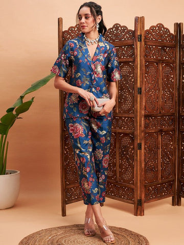 Women Floral Printed Blazer & Pants Co-Ord Set VitansEthnics