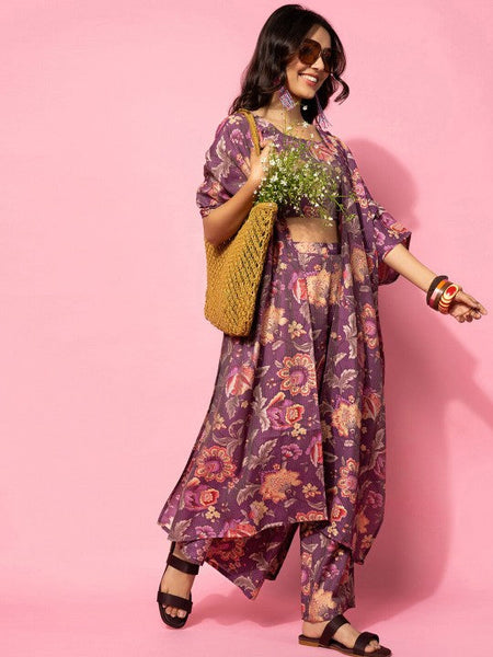 Women Indo Western Floral Printed Crop Top With Shrug & Palazzo Ethnic Co-Ords Set VitansEthnics