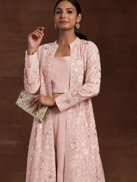 Women Indo Western Embroidered Crop Top with Palazzos & Long Shrug Ethnic Co-Ords Set VitansEthnics
