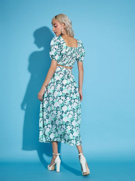 Women White Floral Crop Top With Flared Skirt Co-ords Set VitansEthnics