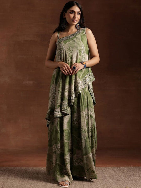 Women Indo Western Floral Printed One Shoulder Sleeveless Tunic & Palazzo With Slip Co-Ords Set VitansEthnics