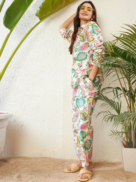 Women Off White Ethnic Motif Printed Pure Cotton Shirt with Trousers Co-ords Set VitansEthnics