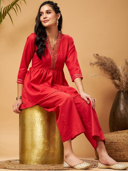 Women Red Embellished Gathered Tunic With Palazzos Co-Ord Set VitansEthnics