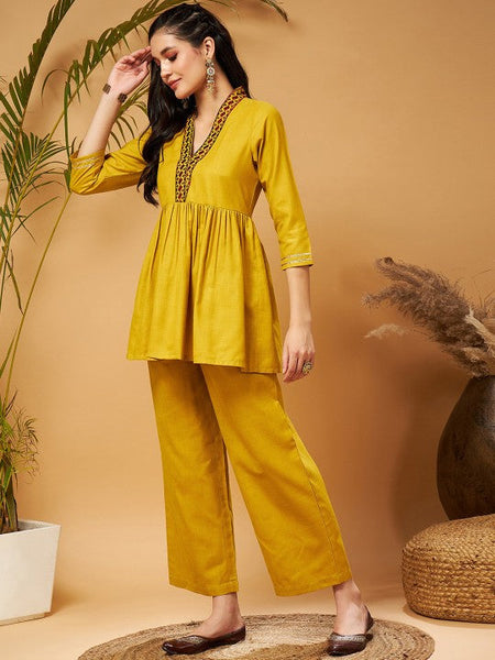 WomenMustard Yellow Empire Tunic With Trousers Co-Ord Set VitansEthnics