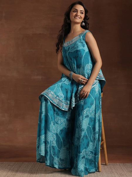 Women Indo Western Floral Printed One shoulder Neck Tunic With Flared Palazzos Co-Ords Set VitansEthnics
