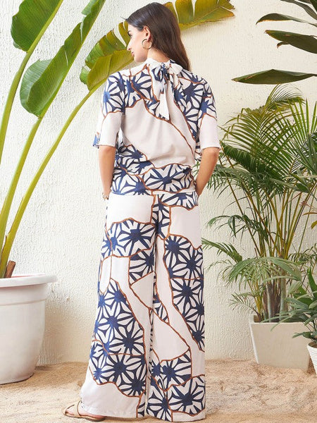 Women White Abstract Printed High Neck Top With Palazzos Co-ords Set VitansEthnics