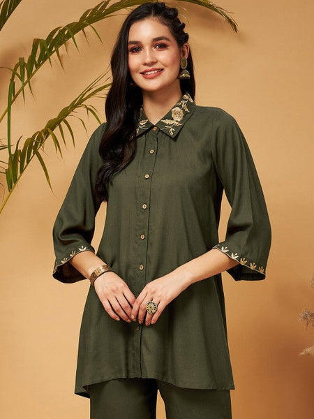 Women Zari Embroidered Shirt Collar Tunic Top With Palazzos Co-Ords Set VitansEthnics