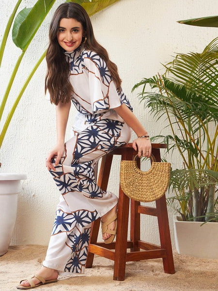 Women White Abstract Printed High Neck Top With Palazzos Co-ords Set VitansEthnics