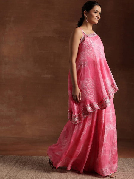Women Indo Western Floral Printed One Shoulder Sleeveless Tunic & Palazzo With Slip Co-Ords Set VitansEthnics