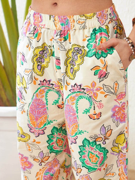 Women Off White Ethnic Motif Printed Pure Cotton Shirt with Trousers Co-ords Set VitansEthnics