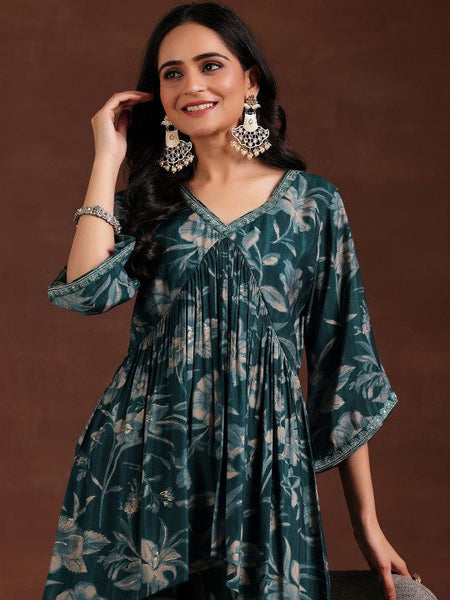 Women Indo Western Floral Printed Pleated Tunic & Palazzos Ethnic Co-Ords Set VitansEthnics
