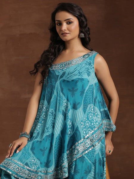 Women Indo Western Floral Printed One shoulder Neck Tunic With Flared Palazzos Co-Ords Set VitansEthnics