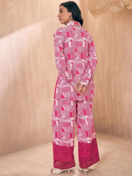 Women Abstract Printed Pure Cotton Schiffli Shirt With Trouser Co-ords Set VitansEthnics
