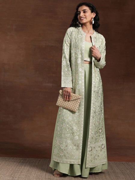 Women Indo Western Embroidered Crop Top with Palazzos & Long Shrug Co-Ords Set VitansEthnics