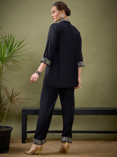 Women Black Embroidered Shirt With Palazzos Co-ords Set VitansEthnics