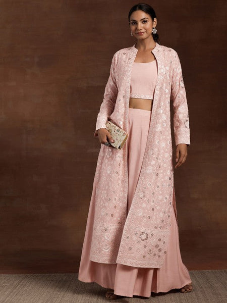 Women Indo Western Embroidered Crop Top with Palazzos & Long Shrug Ethnic Co-Ords Set VitansEthnics
