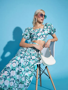 Women White Floral Crop Top With Flared Skirt Co-ords Set VitansEthnics