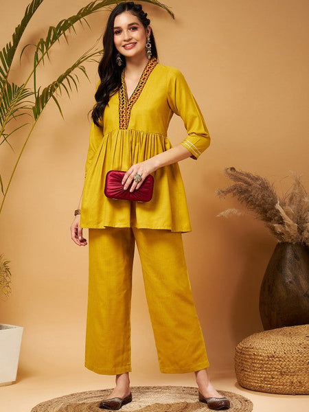 WomenMustard Yellow Empire Tunic With Trousers Co-Ord Set VitansEthnics