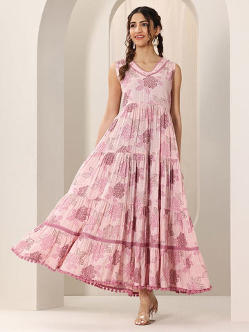 Women Floral Print Fit & Flare Maxi Tiered Dress Indian Anarkali Fusion Dress VitansEthnics