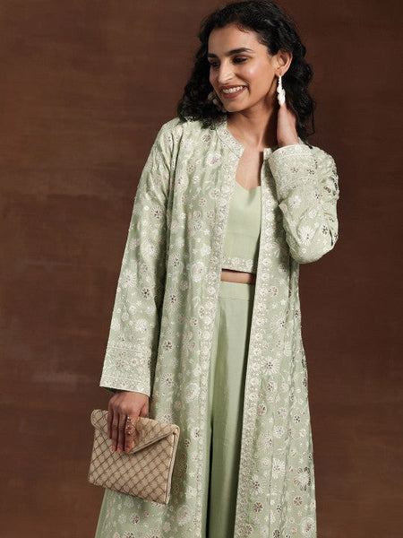 Women Indo Western Embroidered Crop Top with Palazzos & Long Shrug Co-Ords Set VitansEthnics