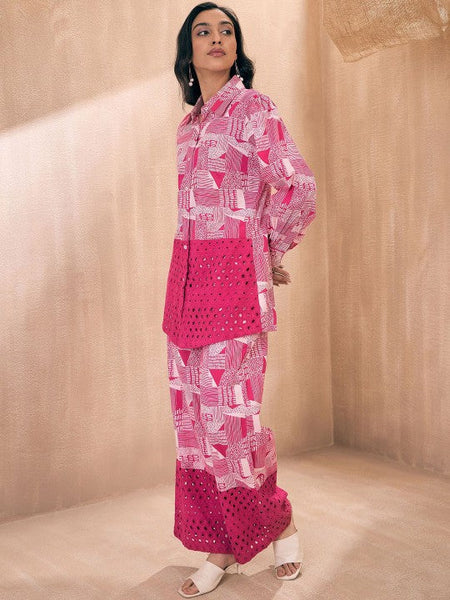 Women Abstract Printed Pure Cotton Schiffli Shirt With Trouser Co-ords Set VitansEthnics