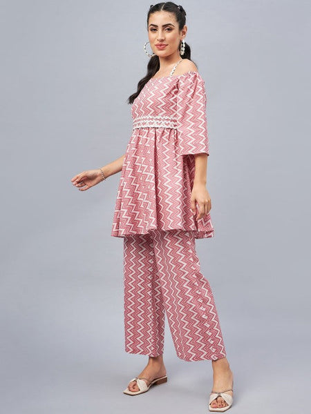 Women Indo Western Printed One-Shoulder Neck Pure Cotton Ethnic Co-Ords Set VitansEthnics