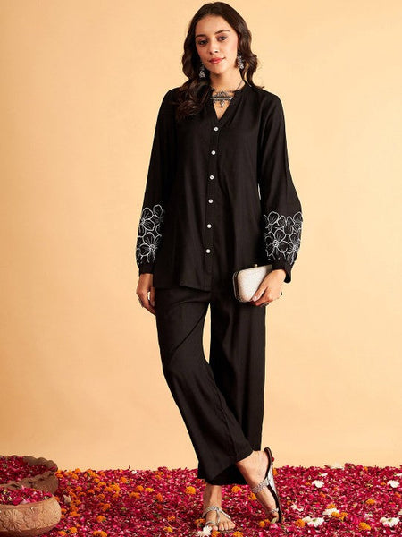 Women Floral Embroidered Shirt-Collar Shirt & Trousers Co-ords Set VitansEthnics