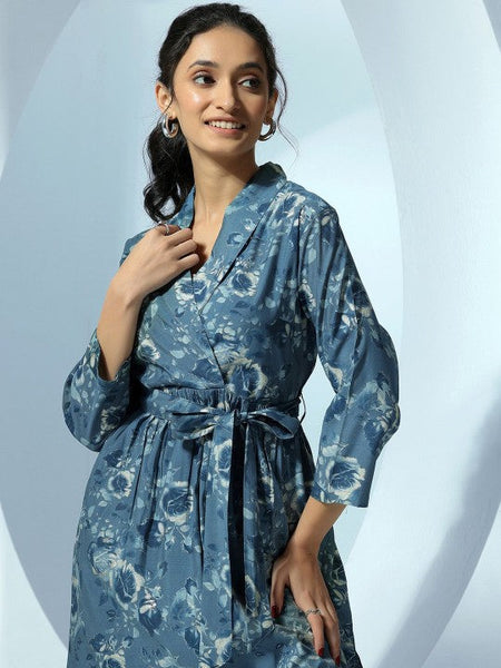 Women Indo Western Floral Printed Wrap Tunic With Trousers Ethnic Co-Ords Set VitansEthnics