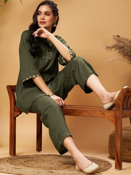 Women Zari Embroidered Shirt Collar Tunic Top With Palazzos Co-Ords Set VitansEthnics