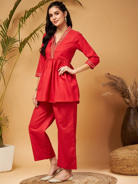 Women Red Embellished Gathered Tunic With Palazzos Co-Ord Set VitansEthnics