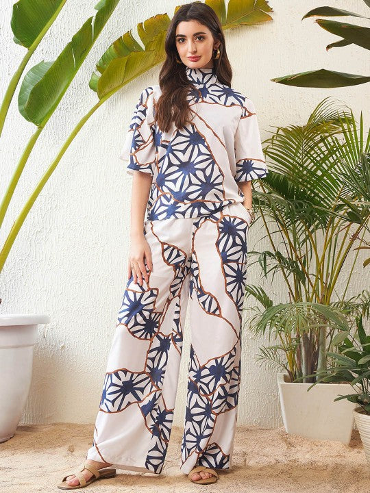 Women White Abstract Printed High Neck Top With Palazzos Co-ords Set VitansEthnics