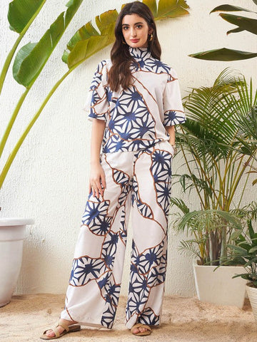 Women White Abstract Printed High Neck Top With Palazzos Co-ords Set VitansEthnics