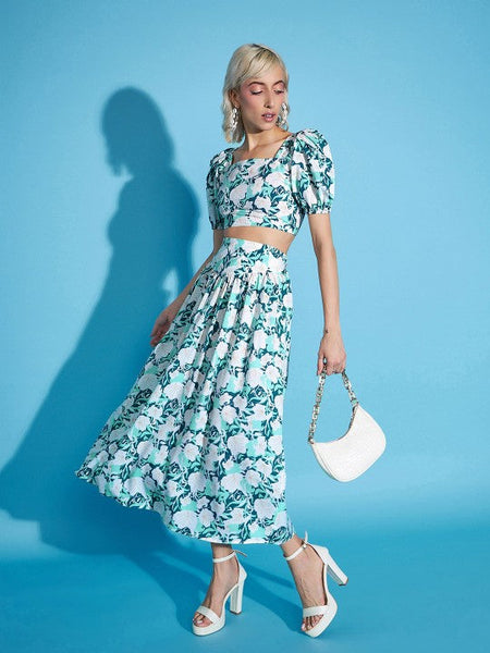 Women White Floral Crop Top With Flared Skirt Co-ords Set VitansEthnics