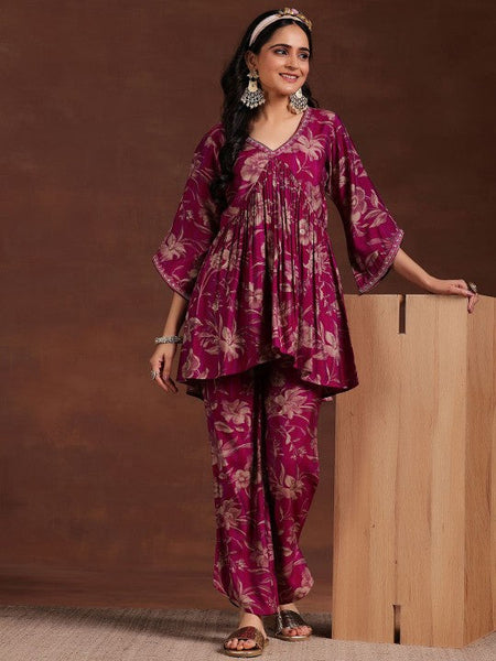 Women Indo Western Floral Printed Pleated Tunic & Palazzos Ethnic Co-Ords Set VitansEthnics
