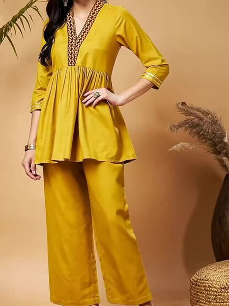 WomenMustard Yellow Empire Tunic With Trousers Co-Ord Set VitansEthnics