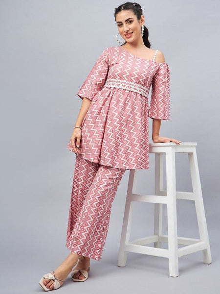 Women Indo Western Printed One-Shoulder Neck Pure Cotton Ethnic Co-Ords Set VitansEthnics