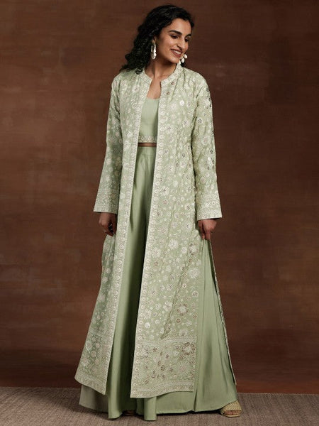 Women Indo Western Embroidered Crop Top with Palazzos & Long Shrug Co-Ords Set VitansEthnics