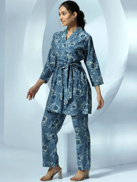 Women Indo Western Floral Printed Wrap Tunic With Trousers Ethnic Co-Ords Set VitansEthnics