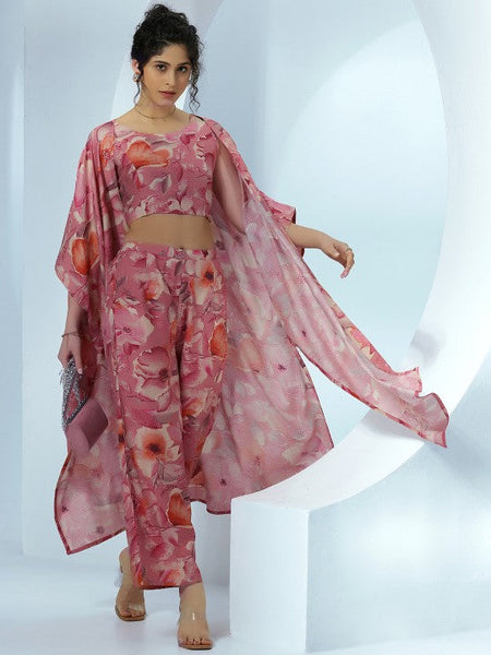 Women Indo Western Floral Printed Crop Top With Shrug & Palazzo Ethnic Co-Ords Set VitansEthnics