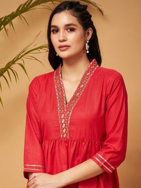 Women Red Embellished Gathered Tunic With Palazzos Co-Ord Set VitansEthnics