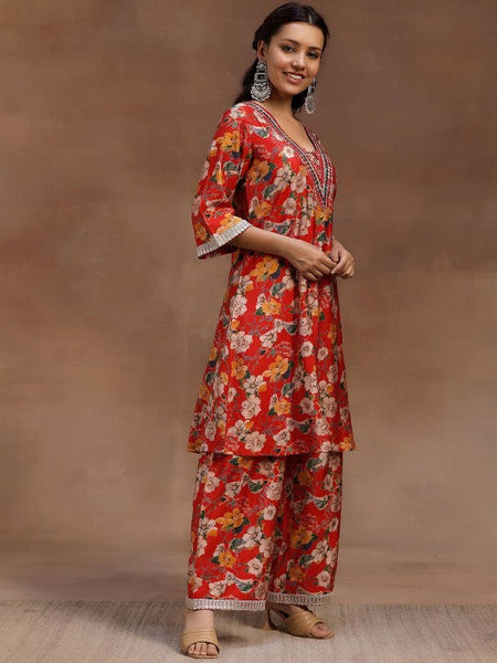 Women Indo Western Red Floral Printed Tunic & Palazzo Ethnic Co-Ords Set VitansEthnics
