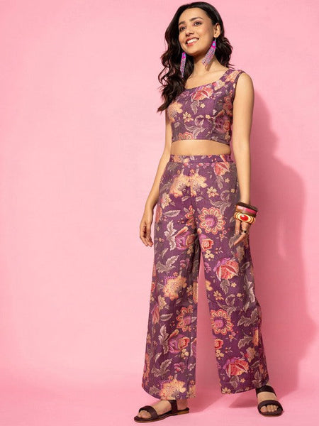 Women Indo Western Floral Printed Crop Top With Shrug & Palazzo Ethnic Co-Ords Set VitansEthnics